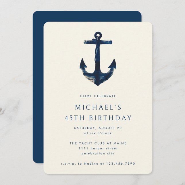45th Birthday Party Navy Blue Nautical Anchor Invitation (Front/Back)