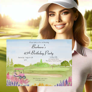 45th Birthday Party Pink Golf Cart Golf Course Invitation