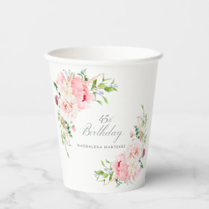 45th Birthday Party Pink Peony Floral Custom Paper Cups