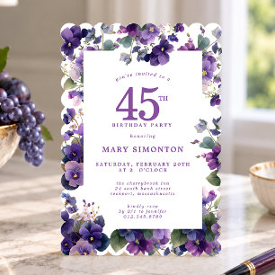 45th Birthday Party Purple Violet Flower Invitation
