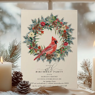45th Birthday Party Red Cardinal Winter Wreath Invitation