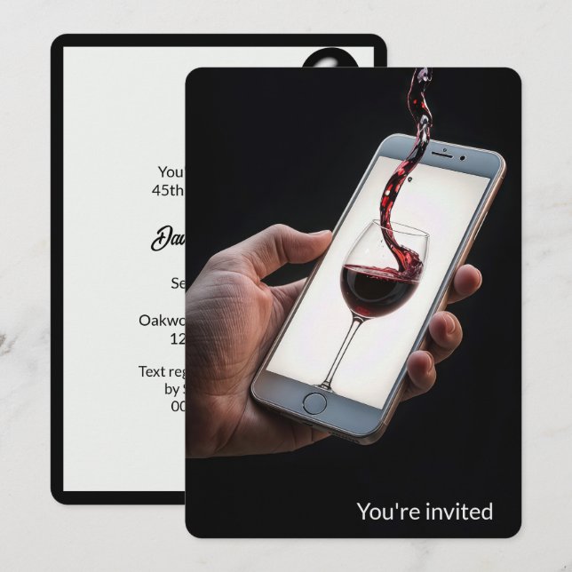 45th Birthday Party Wine On Smartphone Screen Invitation (Front/Back)