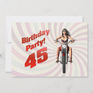 45th birthday party with a girl on a motorbike invitation
