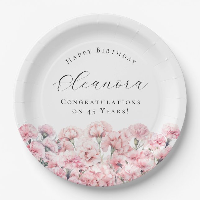 45th Birthday Pink Carnation January Birth Flower Paper Plate (Front)