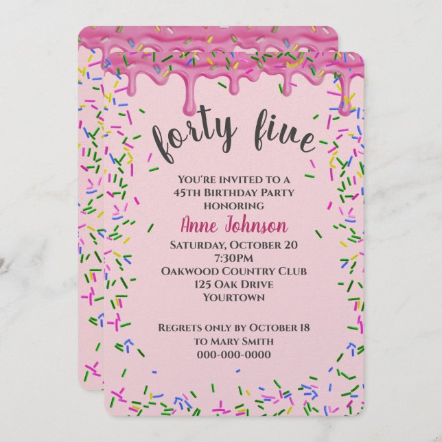 45th Birthday Pink Icing And Sprinkles Invitation (Front/Back)