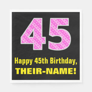 45th Birthday: Pink Stripes and Hearts "45" + Name Napkin
