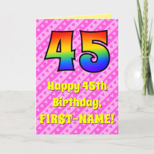 45th Birthday: Pink Stripes & Hearts, Rainbow # 45 Card