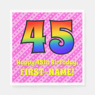 45th Birthday: Pink Stripes & Hearts, Rainbow # 45 Napkin