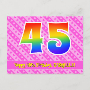 45th Birthday: Pink Stripes & Hearts, Rainbow 45 Postcard