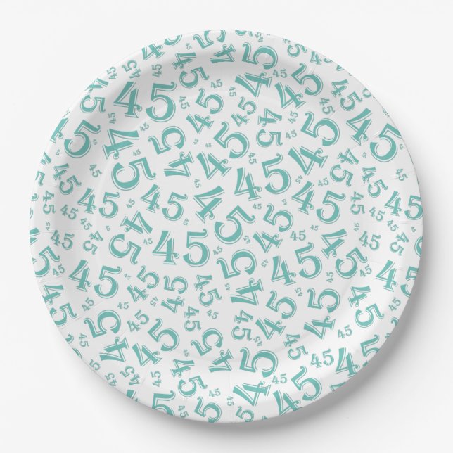 45th Birthday Random Number Pattern Teal/White Paper Plate (Front)