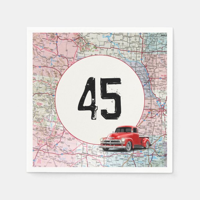 45th Birthday Red Retro Truck on Road Map   Napkin (Front)