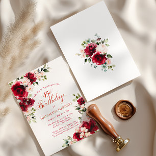 45th Birthday Red Rose Pink Peony Floral Invitation