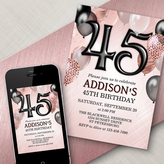 45th Birthday Rose Gold Balloons Invitation (Creator Uploaded)