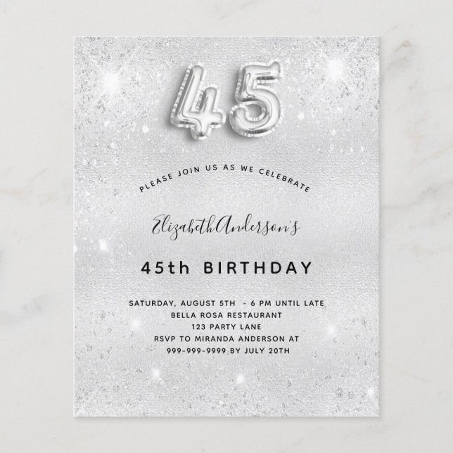 45th birthday silver glitter budget invitation flyer (Front)