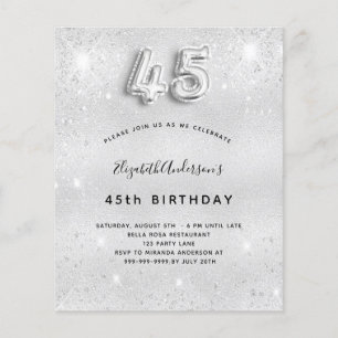 45th birthday silver glitter budget invitation flyer