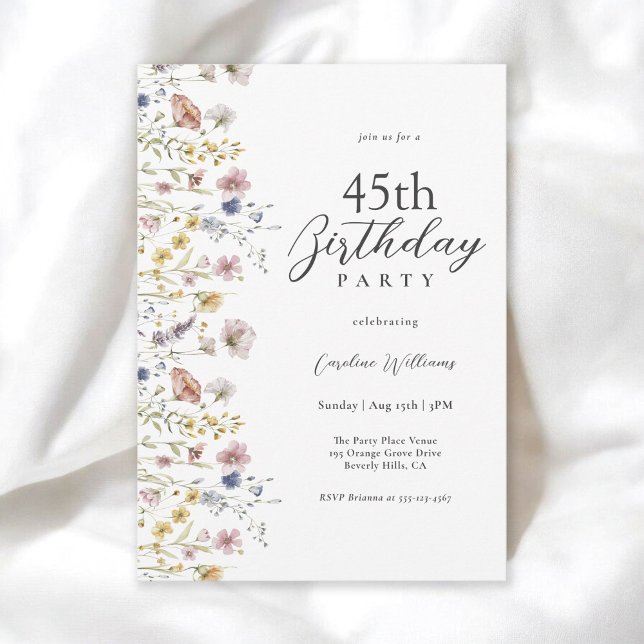 45th Birthday Watercolor Wildflowers Floral Invitation (Available in printed and instant download digital formats.)