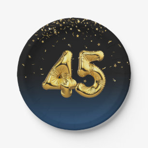 45th Party Balloons And Gold Confetti  Paper Plate