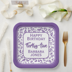 45th Party Random Number Pattern Purple/White Paper Plate