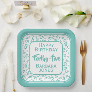45th Party Random Number Pattern Teal/White Paper Plate