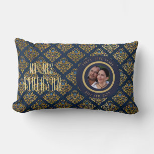 45th PHOTO Wedding Anniversary Modern Blue Gold Lumbar Cushion