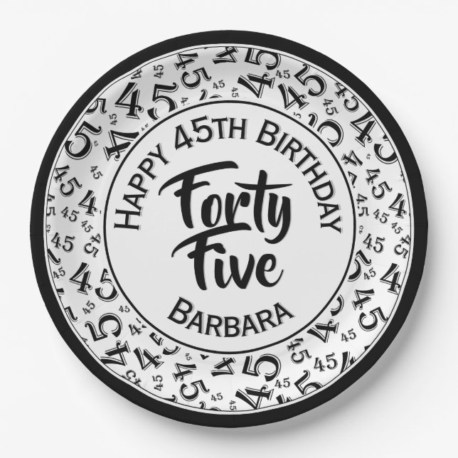 45th Random Number Pattern Black White Paper Plate (Front)
