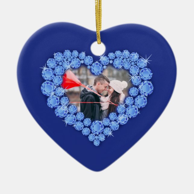 45th sapphire anniversary custom photo heart blue ceramic ornament (Front)