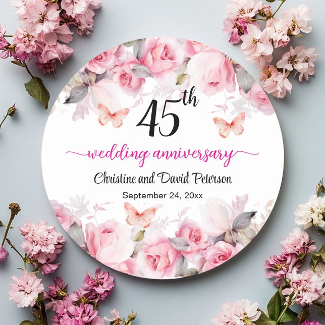 45th Sapphire Wedding Anniversary Blush Roses Classic Round Sticker (Creator Uploaded)