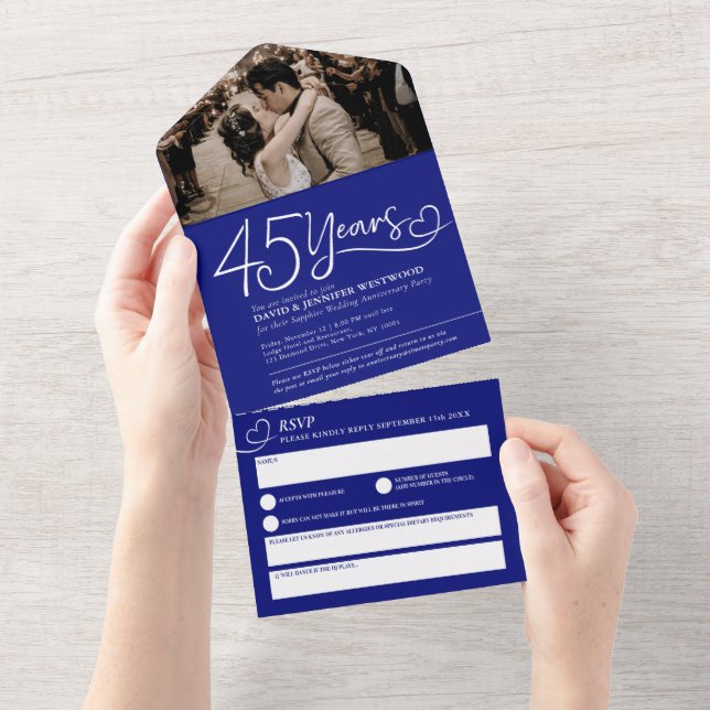 45th sapphire wedding anniversary meal RSVP photo All In One Invitation (Tearaway)