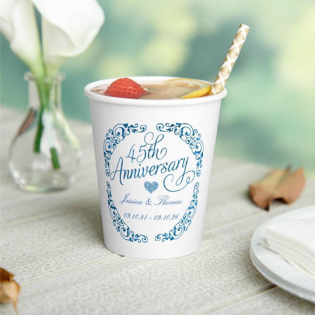 45th Sapphire Wedding Anniversary Paper Cups (Insitu)
