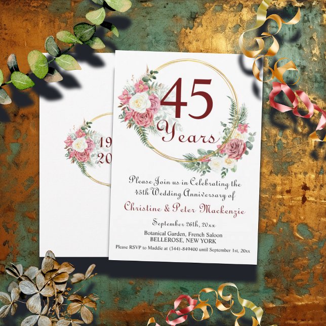 45th Sapphire Wedding Anniversary Roses Gold Frame Invitation (Creator Uploaded)