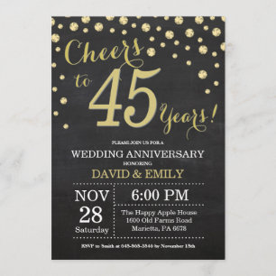 45th Wedding Anniversary Chalkboard Black and Gold Invitation
