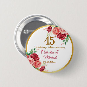45th Wedding Anniversary Gold Frame Floral 6 Cm Round Badge