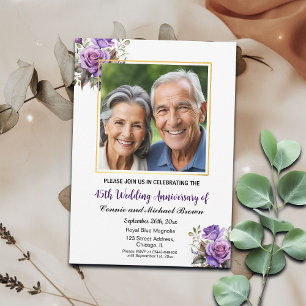 45th Wedding Anniversary Gold Frame Purple Roses Invitation