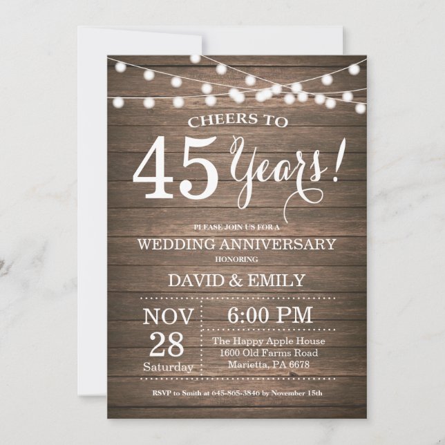 45th Wedding Anniversary Invitation Rustic Wood (Front)
