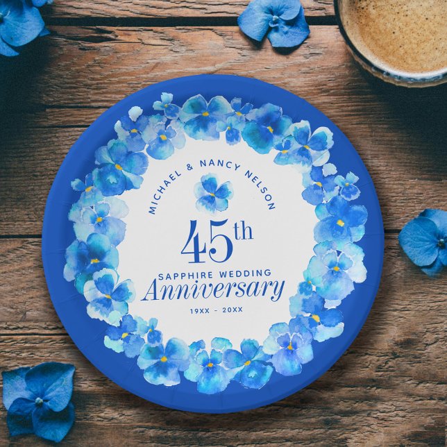 45th wedding anniversary party sapphire blue pansy paper plate (Creator Uploaded)