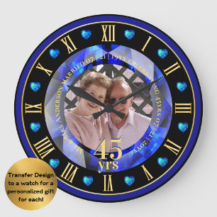 45th Wedding Anniversary PHOTO Gift Sapphire Blue Large Clock