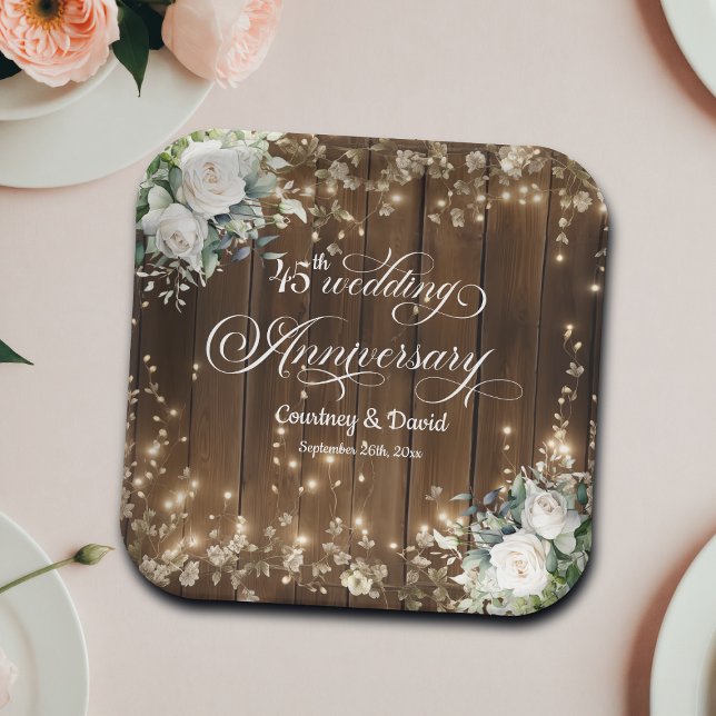 45th Wedding Anniversary Rustic String Lights  Paper Plate (Creator Uploaded)