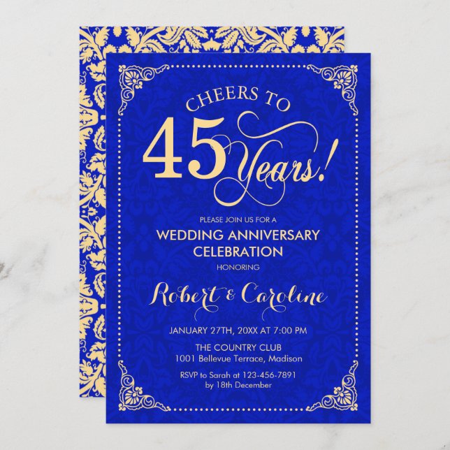 45th Wedding Anniversary Sapphire Blue Gold Damask Invitation (Front/Back)