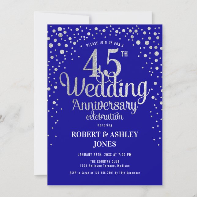 45th Wedding Anniversary - Sapphire Blue & Silver Invitation (Front)
