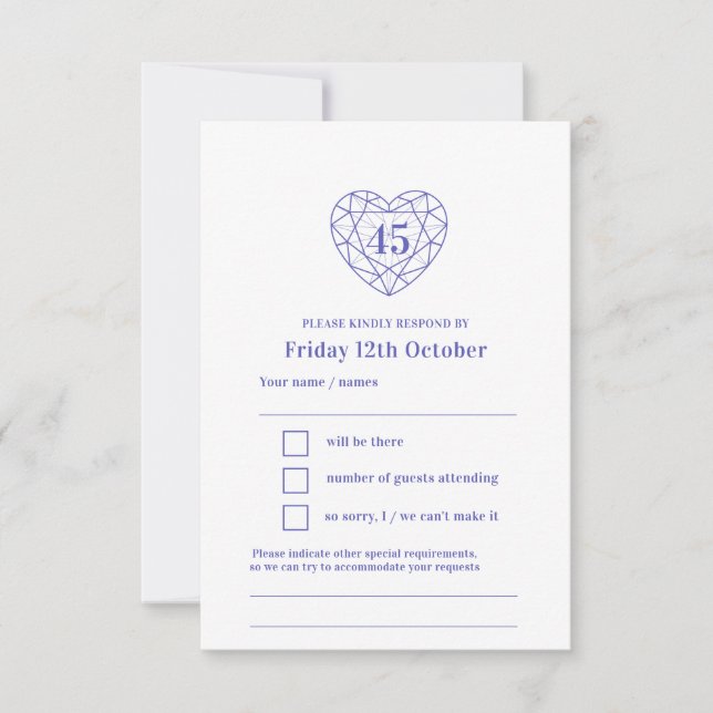 45th wedding anniversary sapphire heart reply RSVP Card (Front)
