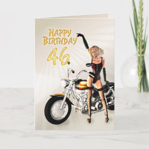 46th Birthday card with a motorbike girl