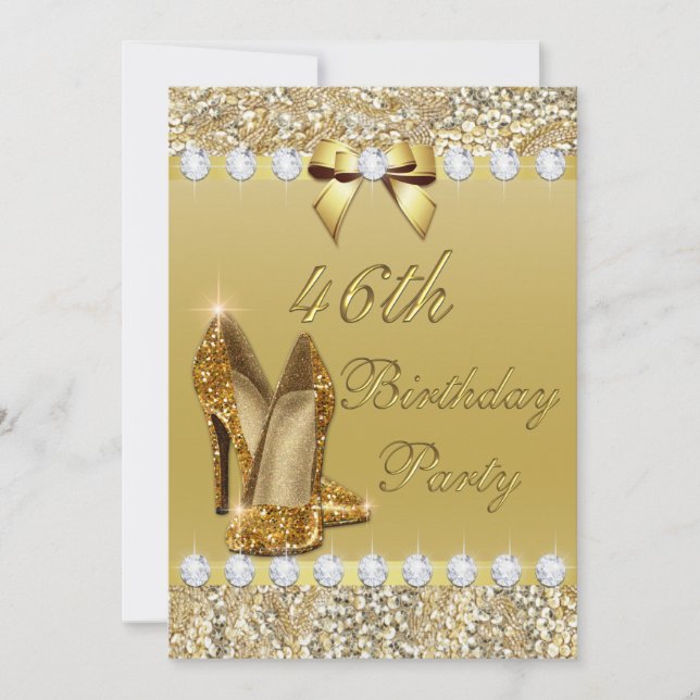 46th Birthday Classy Gold Heels Sequins Diamonds Invitation (Front)