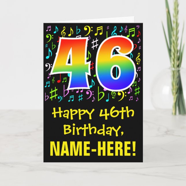 46th Birthday: Colorful Music Symbols + Rainbow 46 Card (Front)