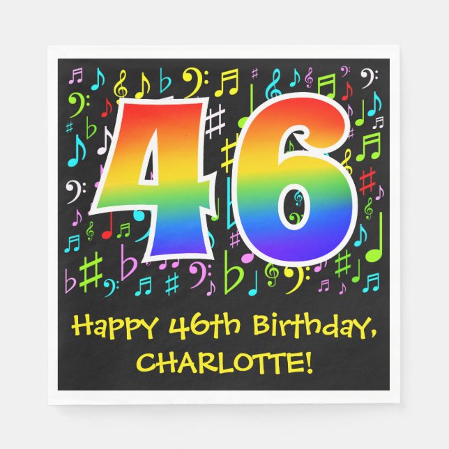 46th Birthday - Colourful Music Symbols, Rainbow 4 Napkin (Front)