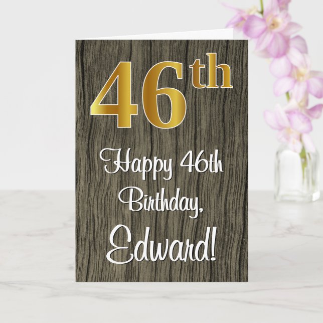 46th Birthday: Elegant Faux Gold Look #, Faux Wood Card (Orchid)