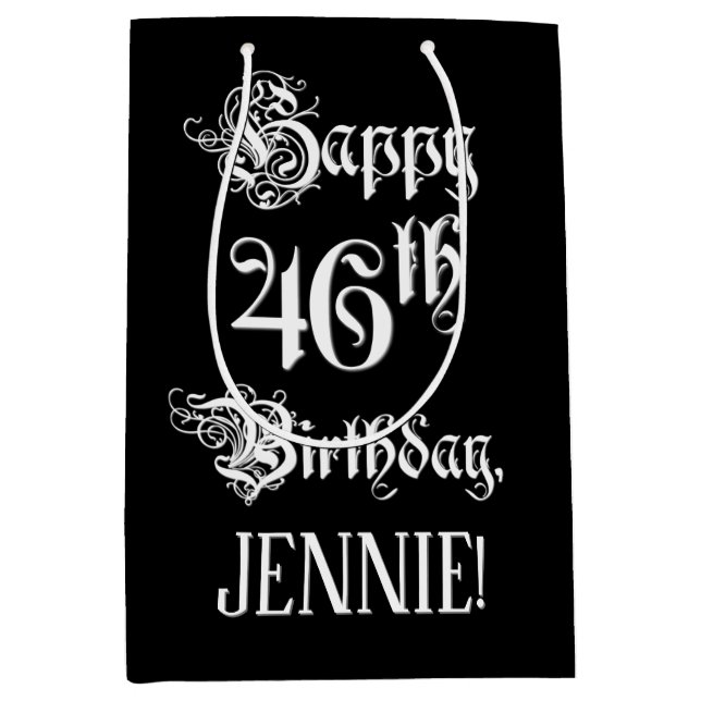 46th Birthday: Fancy, Elegant Script + Custom Name Medium Gift Bag (Front)