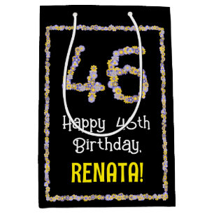 46th Birthday: Floral Flowers Number, Custom Name Medium Gift Bag