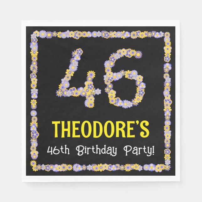 46th Birthday: Floral Flowers Number, Custom Name Napkin (Front)