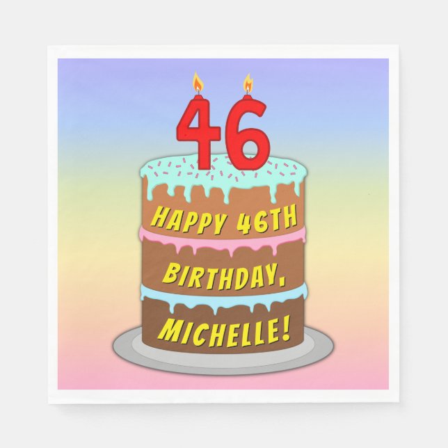 46th Birthday: Fun Cake and Candles + Custom Name Napkin (Front)