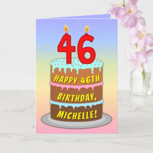 46th Birthday — Fun Cake & Candles, w/ Custom Name Card